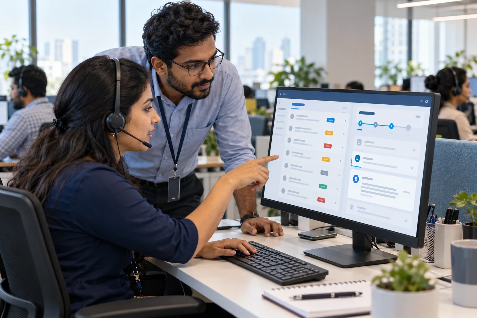 A service operations team reviewing an AI-assisted enquiry workflow and human hand-off