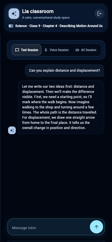 Mobile Tutor interface showing text, voice and AV mode choices and a synthetic conversation.